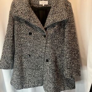 Calvin Klein Black and White Pea Coat with Notched Lapel